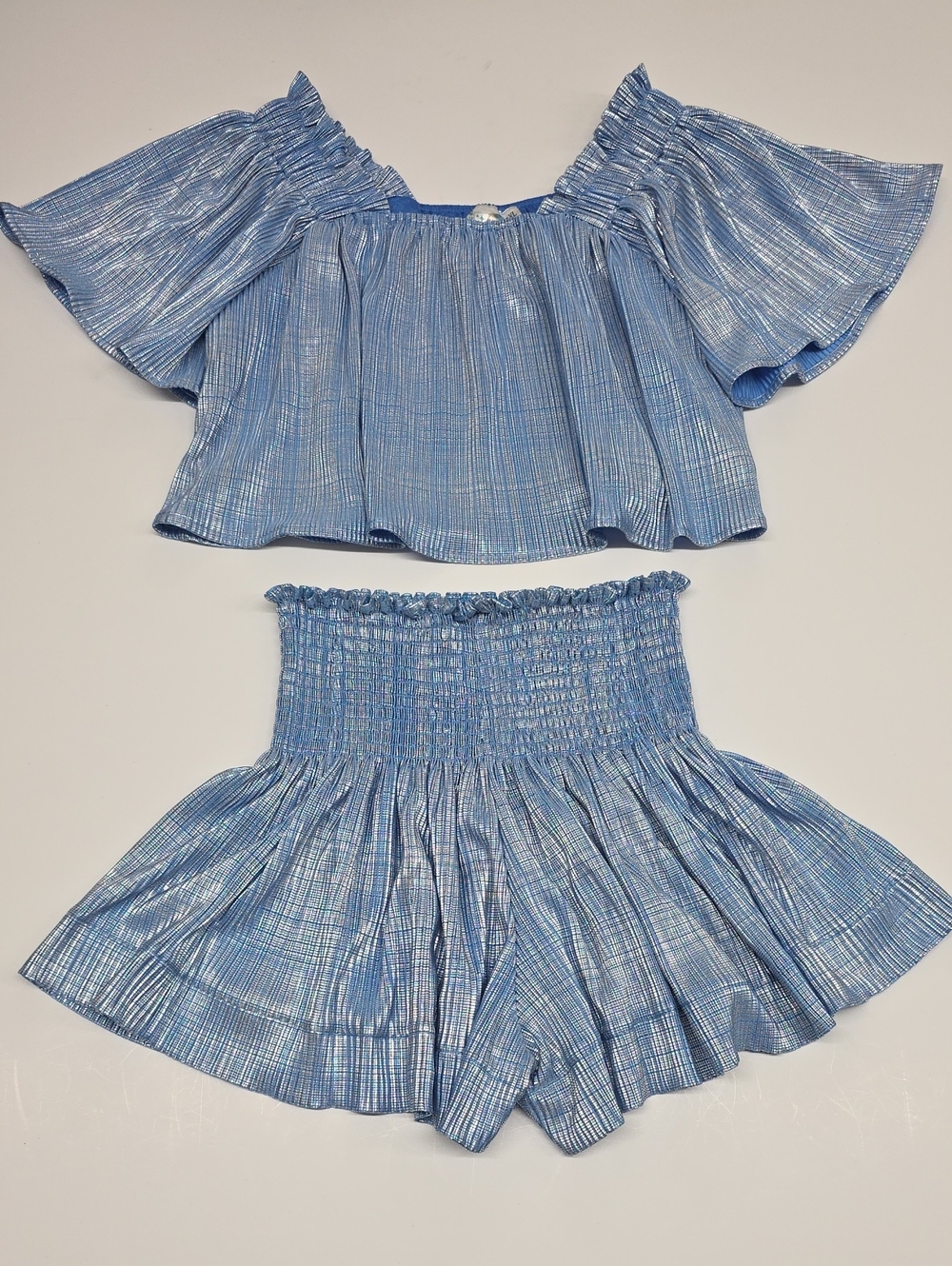 Metallic Powder Blue Pebble Flutter Top and Swing Shorts Set Size L/XL